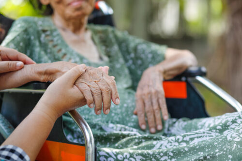 An elderly woman in a green dress sits in a wheelchair, while another person gently holds her hand, offering comfort and support amid concerns about nursing home neglect.
